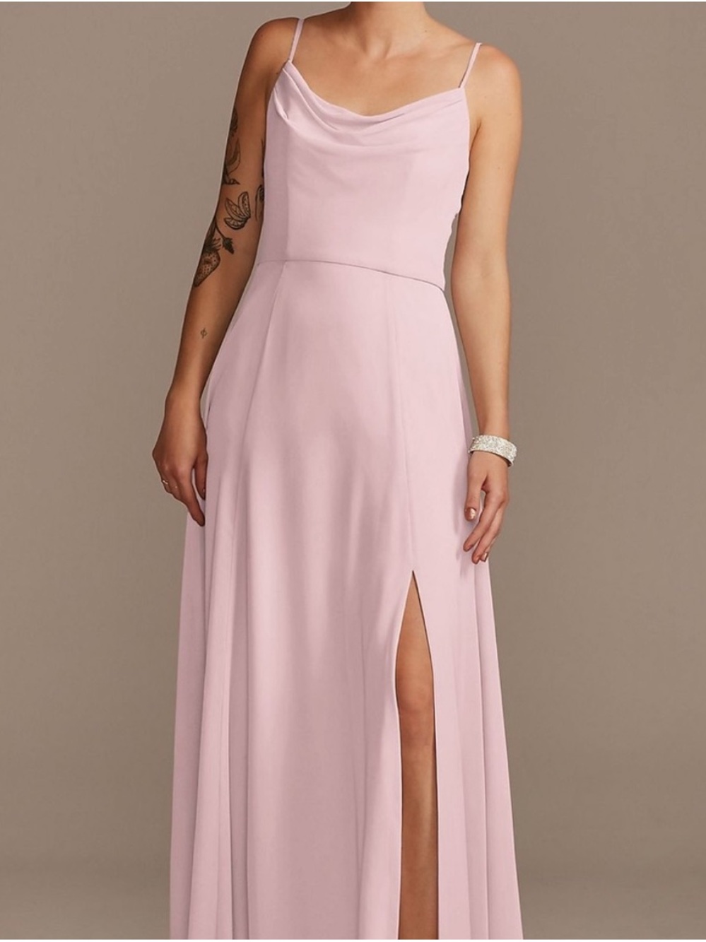 David's Bridal Blush Pink Cowl Neck Maxi Dress with Slit